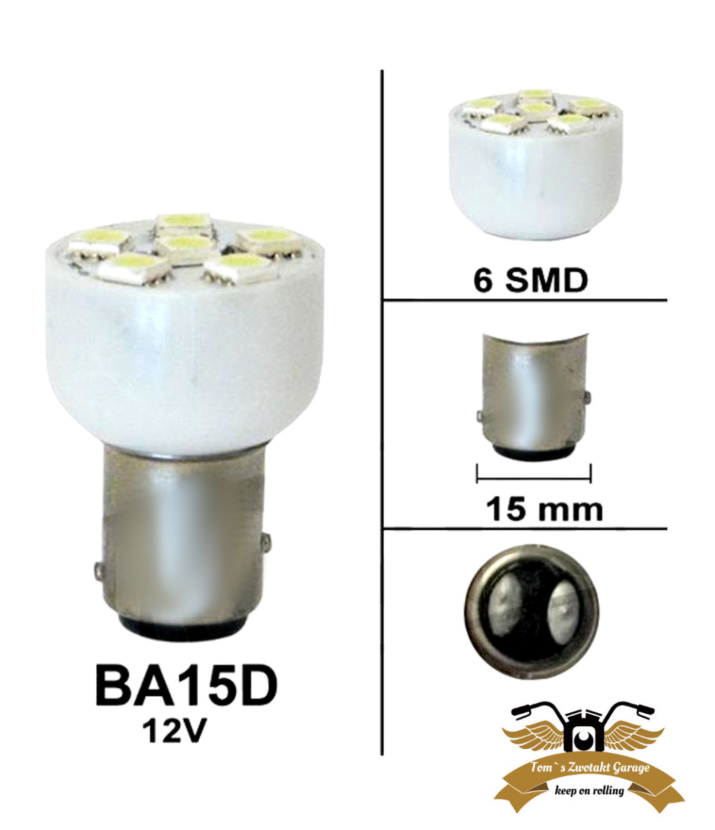 Birne BA15D LED 12V weiß hell >> Zwotakt Garage, 5,90