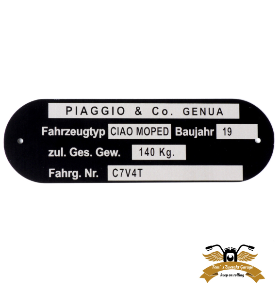 Typenschild Ciao C7V4T Aluminium 80x25mm gelocht Rahmenplakette