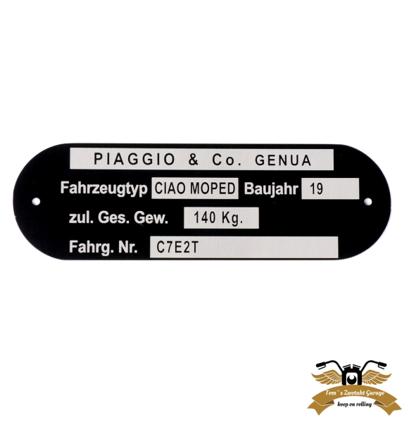 Typenschild Ciao C7E2T Aluminium 80x25mm gelocht Rahmenplakette