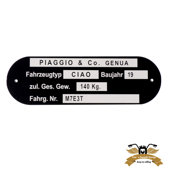 Typenschild Ciao M7E3T Aluminium 80x25mm gelocht Rahmenplakette