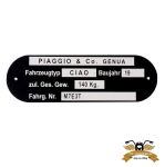 Typenschild Ciao M7E3T Aluminium bedruckt  80x25mm...