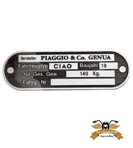 Typenschild Ciao Blanko Neusilber geäzt  80x25mm gelocht Rahmenplakette